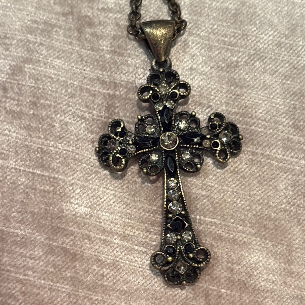 Lia Sophia Silver and Black Cross Necklace 18-20” chain 2 1/2” cross